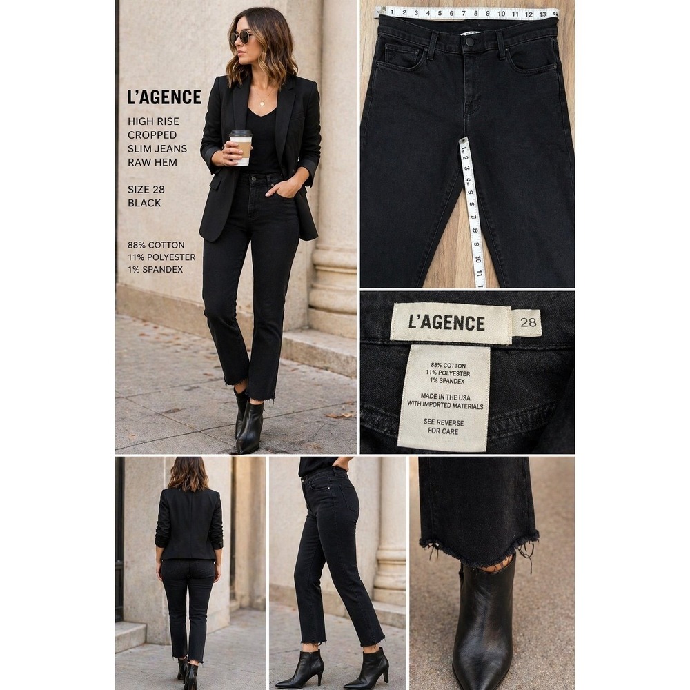 L'Agence Black High Rise Cropped‎ Slim Jeans Raw Hem Size 28